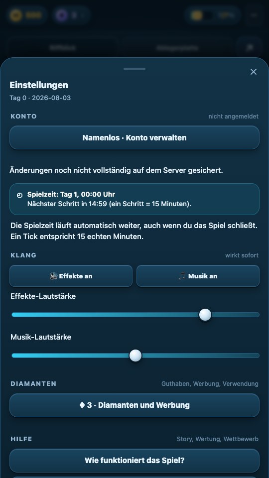 Das Spielmenü zeigt die laufende Spielzeit und den Countdown bis zum nächsten Zeitschritt.